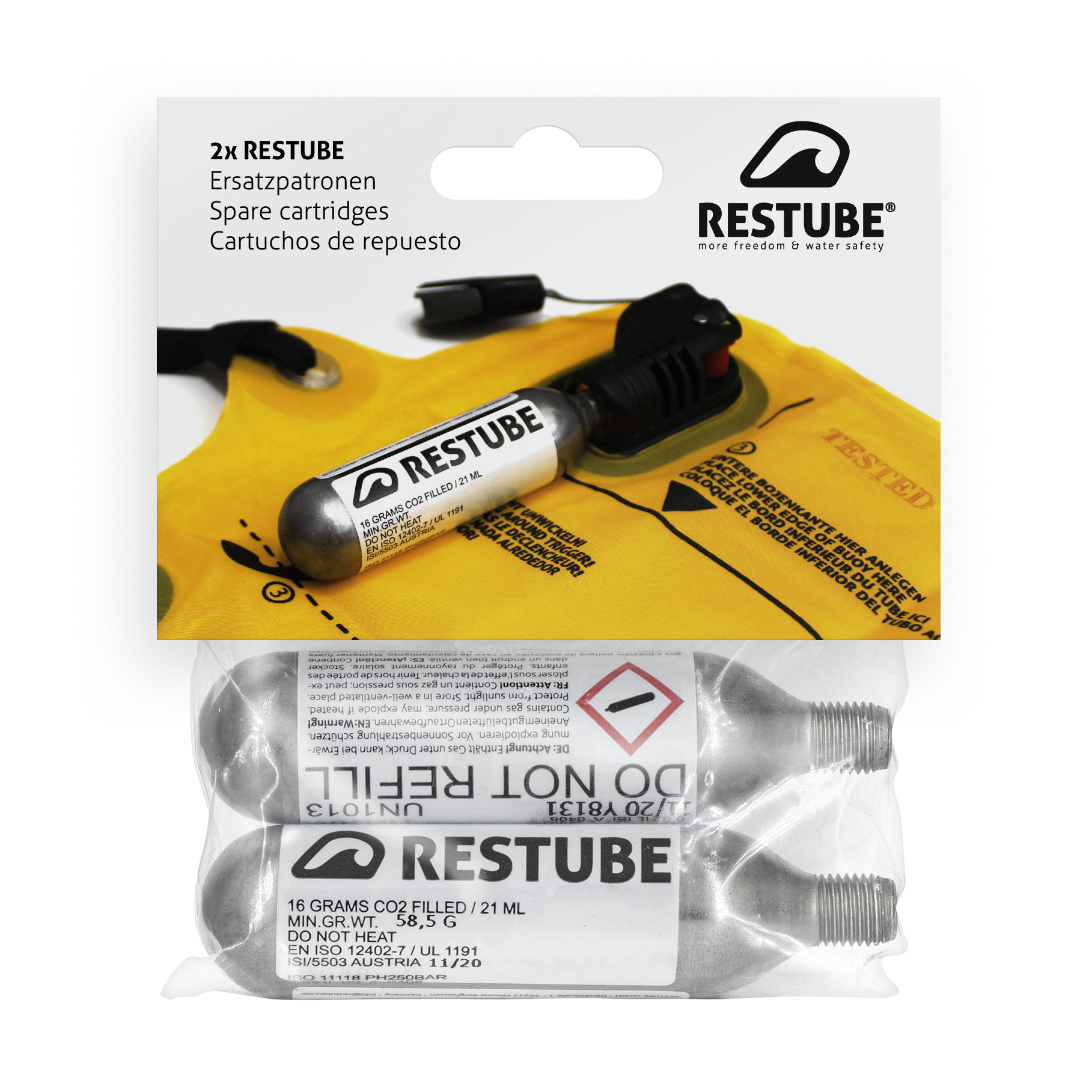16g RESTUBE CO2 spare cartidges RA-00102-P2 -2x packed Front